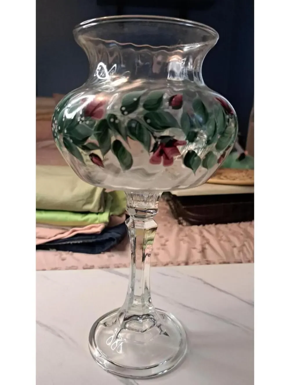 Vintage Hand-painted Pedestal Glass Hurricane Votive Lamp with Rosebuds-10